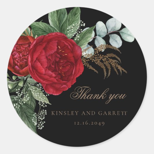 Elegant Goud Kalligrafie Rood Bloemen Zwart Bruilo Ronde Sticker (Voorkant)
