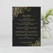 Elegant Goud Kant Frills op Classy Zwart Bruiloft Menu (Staand voorkant)