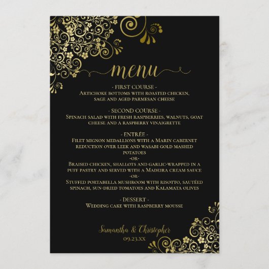 Elegant Goud Kant Frills op Classy Zwart Bruiloft Menu (Voorkant)