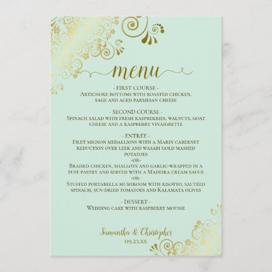 Elegant Goud Kant Frills op Mint Groene Bruiloft Menu (Voorkant)