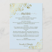 Elegant Goud Kant Frills op Poeder Blauw Bruiloft Menu (Voorkant)