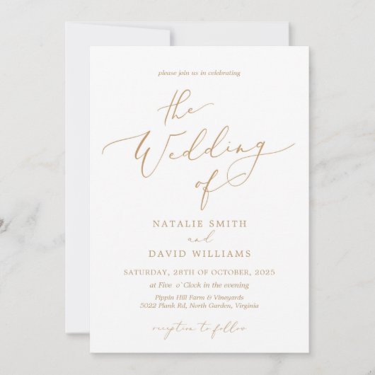 Elegant Goud Kleur Script Bruiloft Uitnodiging (Voorkant)