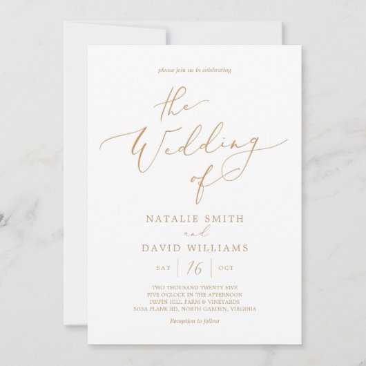 Elegant Goud Kleur Script Bruiloft Uitnodiging (Voorkant)