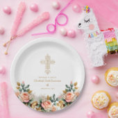 Elegant Goud Kruis Bloemen Doop Papieren Bordje (Feest)