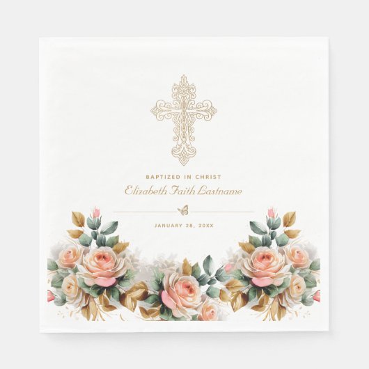 Elegant Goud  Kruis Bloemen Doop Servet (Voorkant)