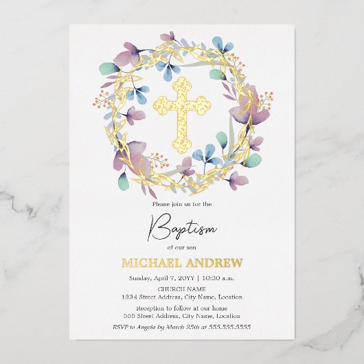 Elegant Goud Kruis Doop Bloemen Folie Uitnodiging (Voorkant)