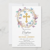 Elegant Goud Kruis Doop Bloemen Kaart (Voorkant)