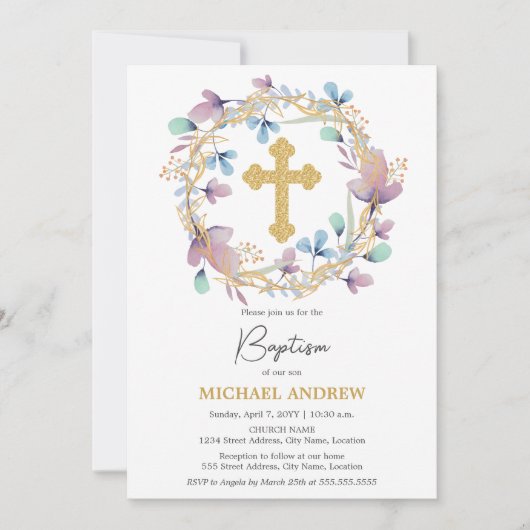 Elegant Goud Kruis Doop Bloemen Kaart (Voorkant)
