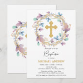 Elegant Goud Kruis Doop Bloemen Kaart (Voorkant / Achterkant)