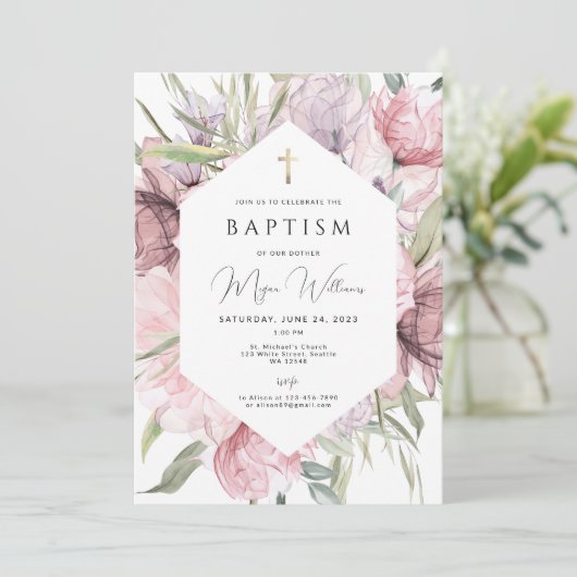 Elegant Goud Kruis en parels meisje Dop Invitati Kaart (Staand voorkant)