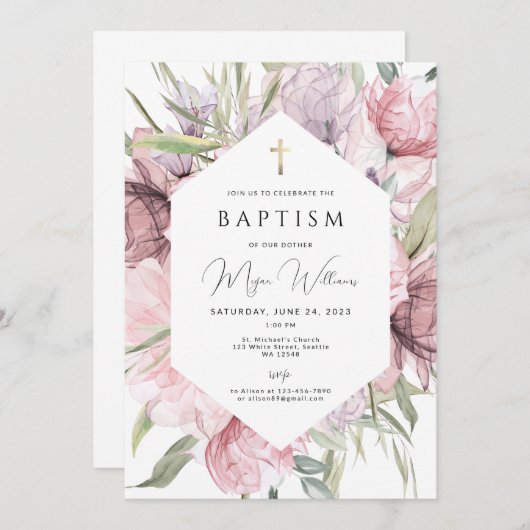 Elegant Goud Kruis en parels meisje Dop Invitati Kaart (Voorkant / Achterkant)