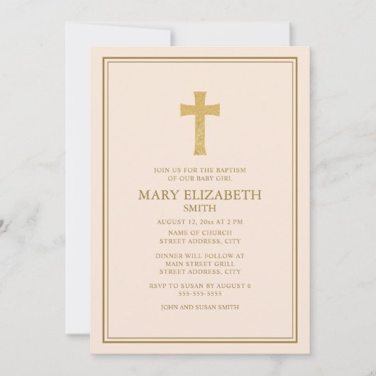 Elegant Goud Kruis Roze Baby Meisje Doop Kaart (Voorkant)