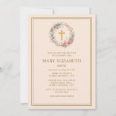 Elegant Goud Kruis Roze Bloemen Baby Meisje Doop Kaart (Voorkant)