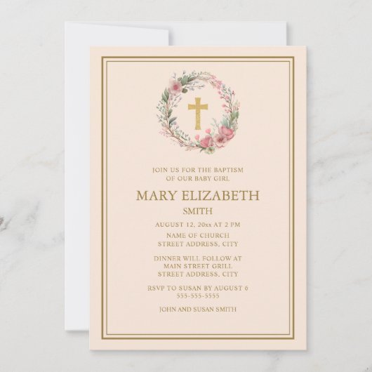 Elegant Goud Kruis Roze Bloemen Baby Meisje Doop Kaart (Voorkant)