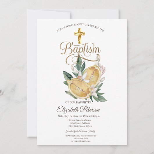 Elegant Goud Kruis Waterverf Citroenen Botanisch Kaart (Voorkant)