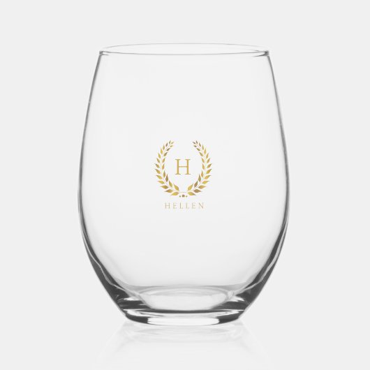 Elegant Goud Laurel Krans Aangepaste Monogram Wijnglas Zonder Voet (Voorkant)