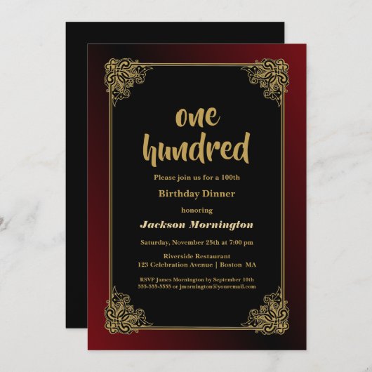 Elegant Goud Lijst 100e Verjaardags Diner Kaart (Voorkant / Achterkant)