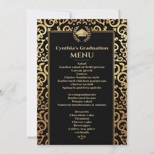 Elegant goud Lijst Afstuderen Dinner Menu Kaart (Voorkant)