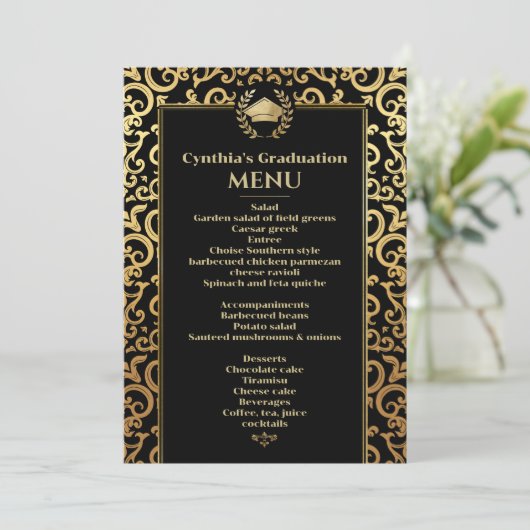 Elegant goud Lijst Afstuderen Dinner Menu Kaart (Staand voorkant)