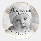 Elegant Goud Lijst | Baby's eerste kerstfoto Ronde Sticker (Voorkant)