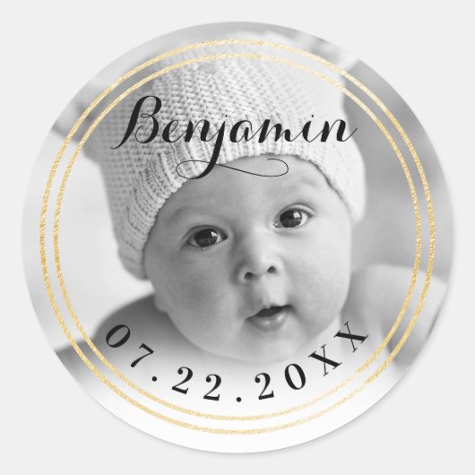 Elegant Goud Lijst | Baby's eerste kerstfoto Ronde Sticker (Voorkant)