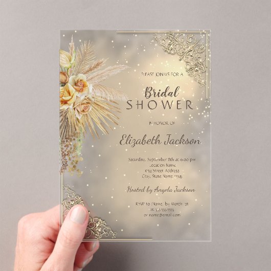 Elegant Goud Lijst Boho Flowers Vrijgezellenfeest Acryl Uitnodigingen (Insitu (Draagbaar))