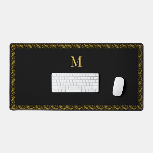 Elegant Goud Lijst en Monogram op Zwart Bureaumat (Keyboard & Muis)