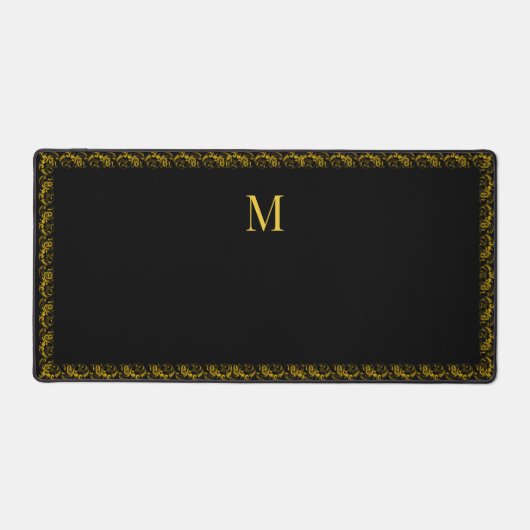 Elegant Goud Lijst en Monogram op Zwart Bureaumat (Voorkant)