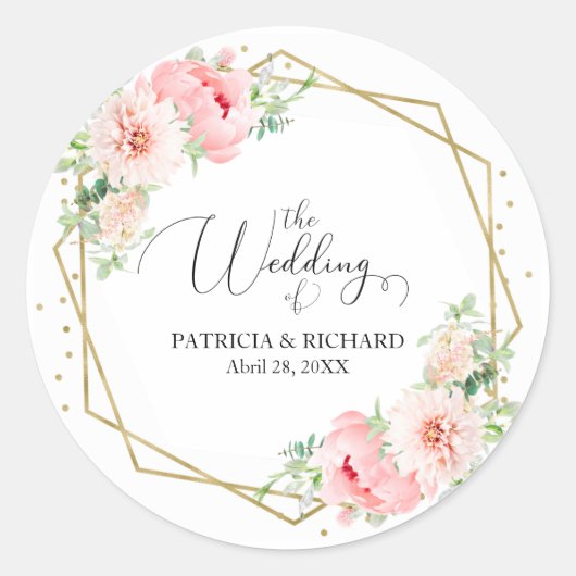 Elegant Goud Lijst Geometrische Blush Bloemen Brui Ronde Sticker (Voorkant)