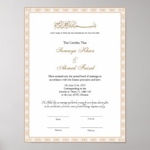 Elegant goud lijst Muslim nikkah certificate Poste Poster