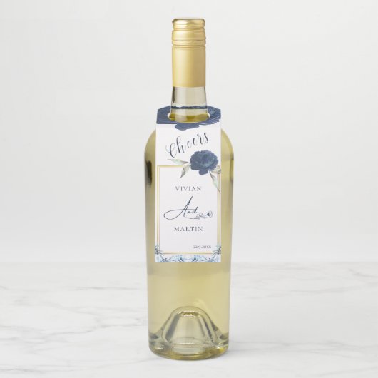 Elegant Goud Lijst Navy Blauw Roos Bruiloft Flessenhanger (Op fles)