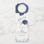 Elegant Goud Lijst Navy Blauw Roos Bruiloft Flessenhanger (Voorkant)