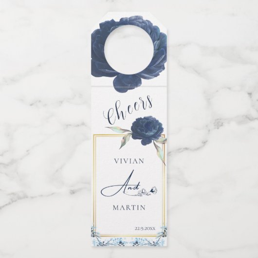 Elegant Goud Lijst Navy Blauw Roos Bruiloft Flessenhanger (Voorkant)