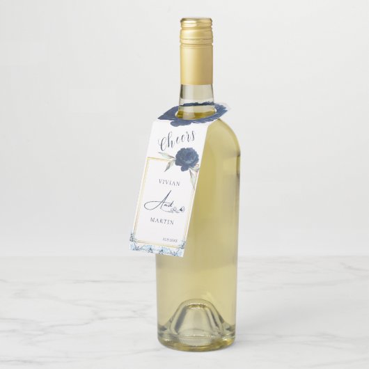 Elegant Goud Lijst Navy Blauw Roos Bruiloft Flessenhanger (Schuin)