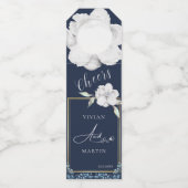 Elegant Goud Lijst Navy Blauw Roos Bruiloft Flessenhanger (Voorkant)