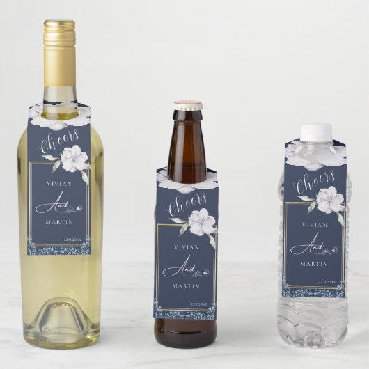 Elegant Goud Lijst Navy Blauw Roos Bruiloft Flessenhanger (In situ)