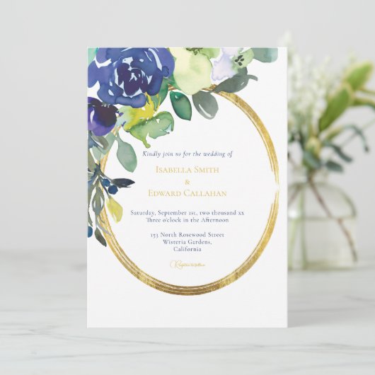 Elegant Goud Lijst Navy Waterverf Bloemen Wit Kaart (Staand voorkant)