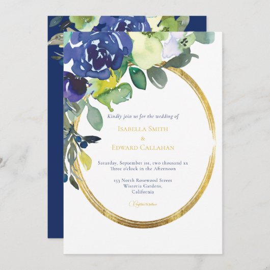 Elegant Goud Lijst Navy Waterverf Bloemen Wit Kaart (Voorkant / Achterkant)