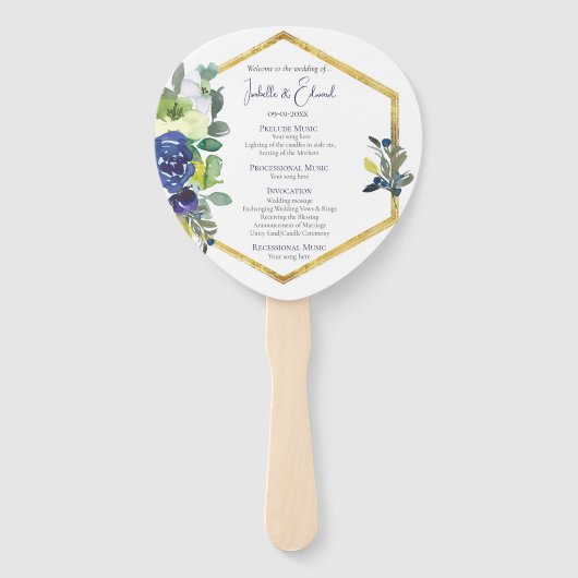 Elegant Goud Lijst Navy Wit Rose Bloemen Programma Handwaaier (Voorkant)
