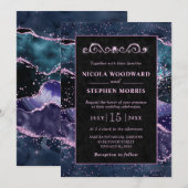 Elegant Goud Lijst Paarse en Blauwe Agaat Bruiloft Kaart (Voorkant / Achterkant)