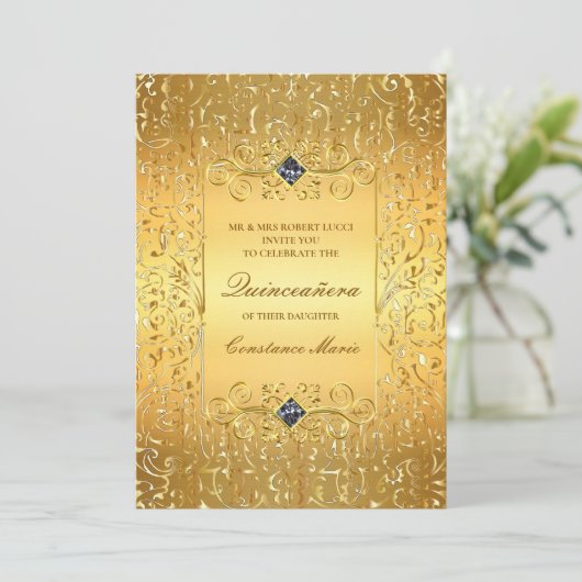 Elegant Goud Lijst Quinceanera Invitation Kaart (Staand voorkant)