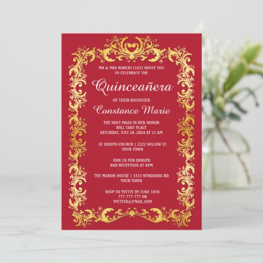 Elegant Goud Lijst Quinceanera Invitation Kaart (Staand voorkant)