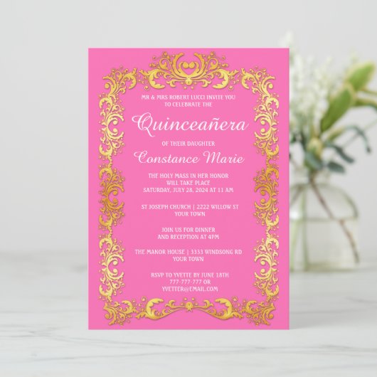 Elegant Goud Lijst Quinceanera Invitation Kaart (Staand voorkant)