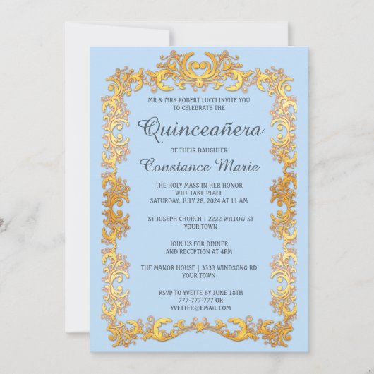 Elegant Goud Lijst Quinceanera Invitation Kaart (Voorkant)