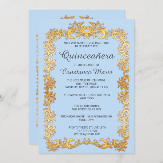 Elegant Goud Lijst Quinceanera Invitation Kaart (Voorkant / Achterkant)