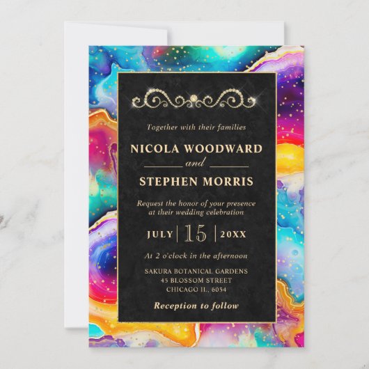 Elegant Goud Lijst Regenboog Agaat Bruiloft Kaart (Voorkant)