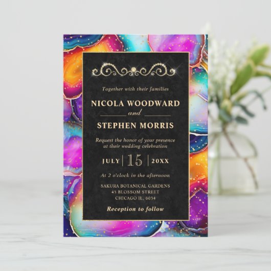 Elegant Goud Lijst Regenboog Agaat Bruiloft Kaart (Staand voorkant)