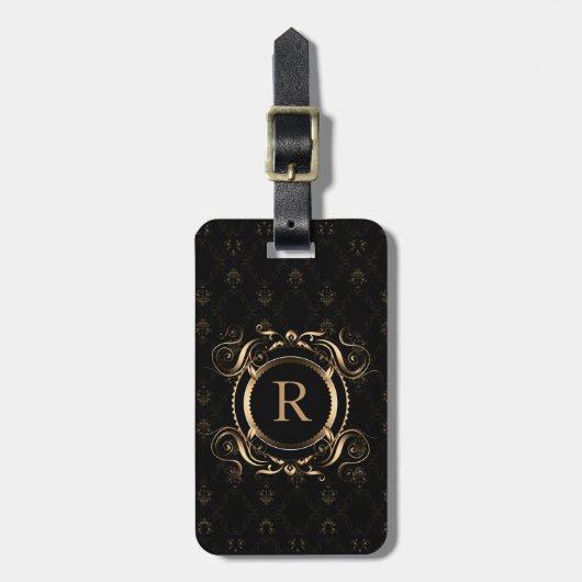Elegant Goud Lijst Zwart Damasks Bagagelabel (Voorkant verticaal)