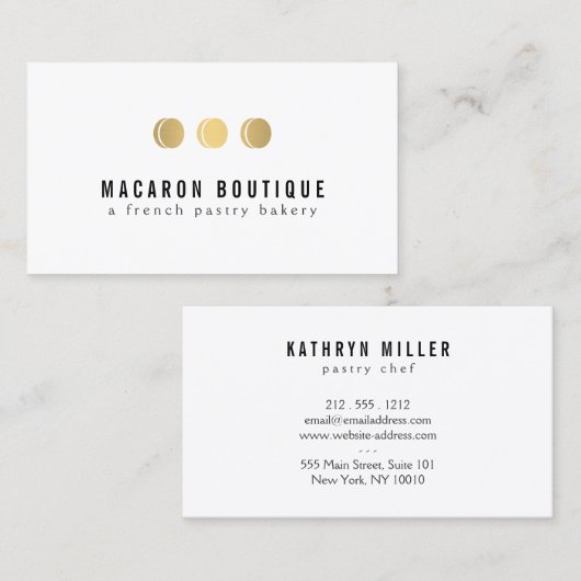 Elegant Goud Macaron Trio Logo op Wit Visitekaartje (Voorkant / Achterkant)