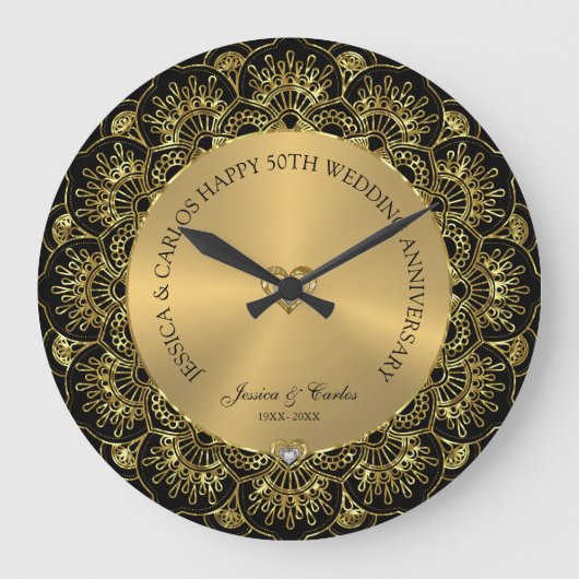 Elegant Goud Mandala 50e Gouden Bruiloft Jubileum Grote Klok (Voorkant)